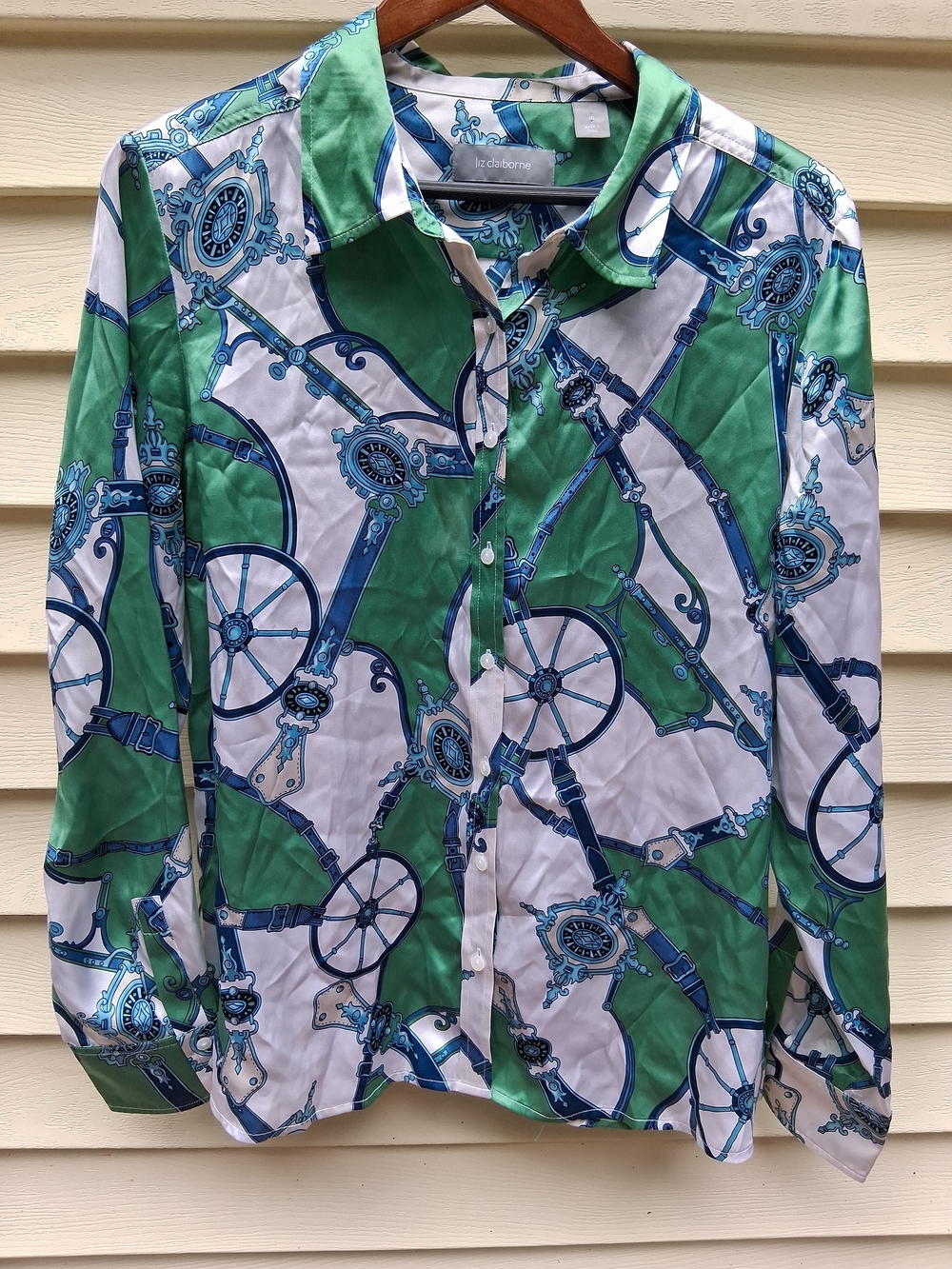 Vintage Claiborne Women's 100% Silk Blouse Equestrian Print Button Up Size 16